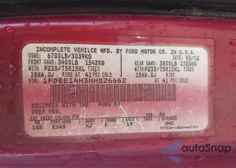 1992 Ford Econoline E150 Van из США, поврежденный, VIN 1FDEE14H3NHB26662